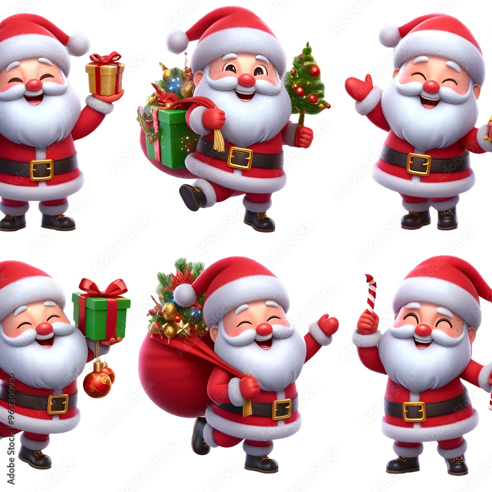 Set of 3D cartoon character Santa Claus Marry Christmas happy smile dancing have fun, isolated on white and transparent background Set of 3D cartoon character Santa Claus Marry Christmas happy smile dancing have fun, isolated on white and transparent background