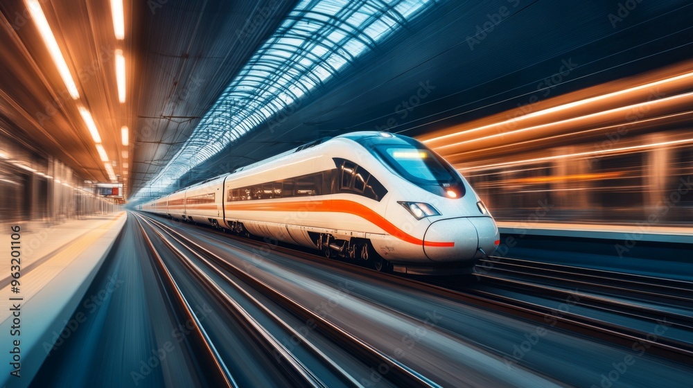 High-resolution view of a high-speed train on a dedicated track, highlighting the specialized rail system and the train's impressive speed capabilities. High-resolution view of a high-speed train on a dedicated track, highlighting the specialized rail system and the train's impressive speed capabilities.
