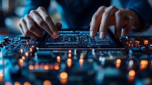Digital technology software development concept Coding programmer software engineer using digital tablet with circuit board and javascript on virtual screen internet of things IoT : Generative AI