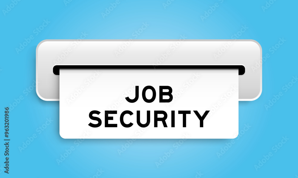 White coupon banner with word job security from machine on blue color background White coupon banner with word job security from machine on blue color background