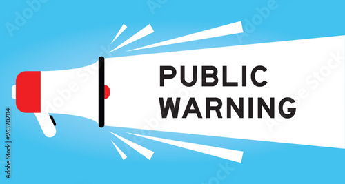 Color megaphone icon with word public warning in white banner on blue background