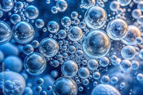 Close-up of air bubbles floating in blue liquid creating dreamlike underwater scene