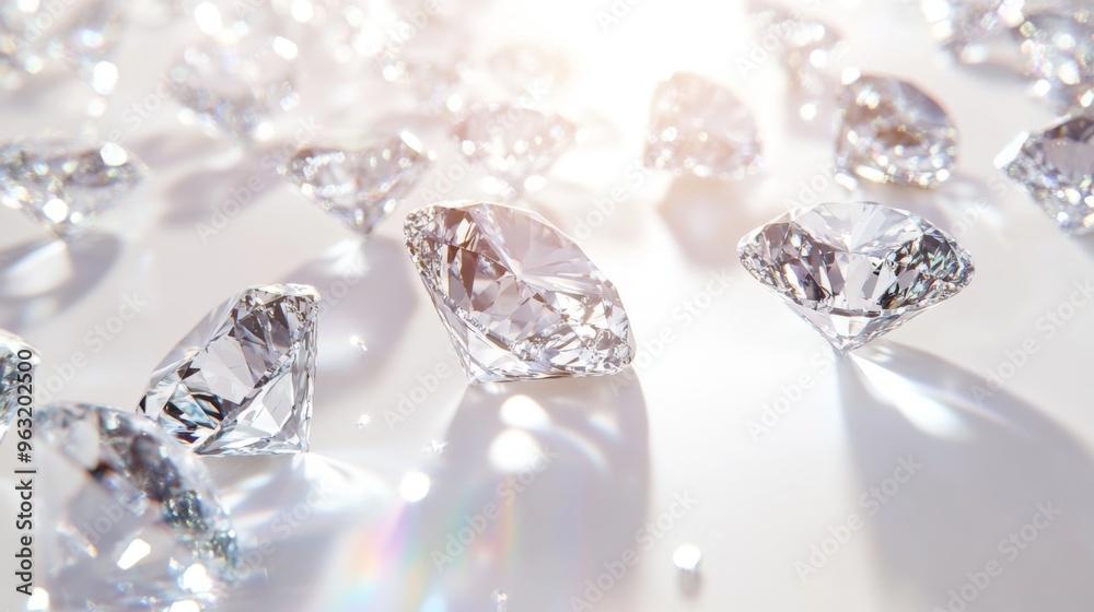 Multiple diamonds of various sizes scattered elegantly on a white background, with each gem catching and reflecting light in a dazzling display. Multiple diamonds of various sizes scattered elegantly on a white background, with each gem catching and reflecting light in a dazzling display.