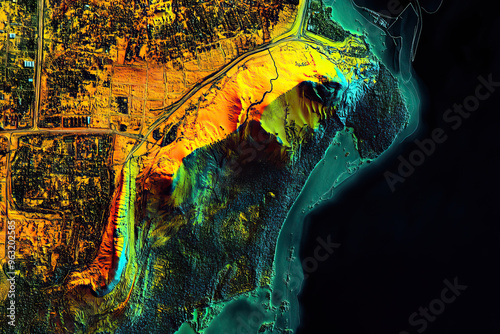 Technical aerial visual, 3D LiDAR GIS aerial map satellite scan model isolated, showing Quelimane, Mozambique . Elevation, topography, render photo