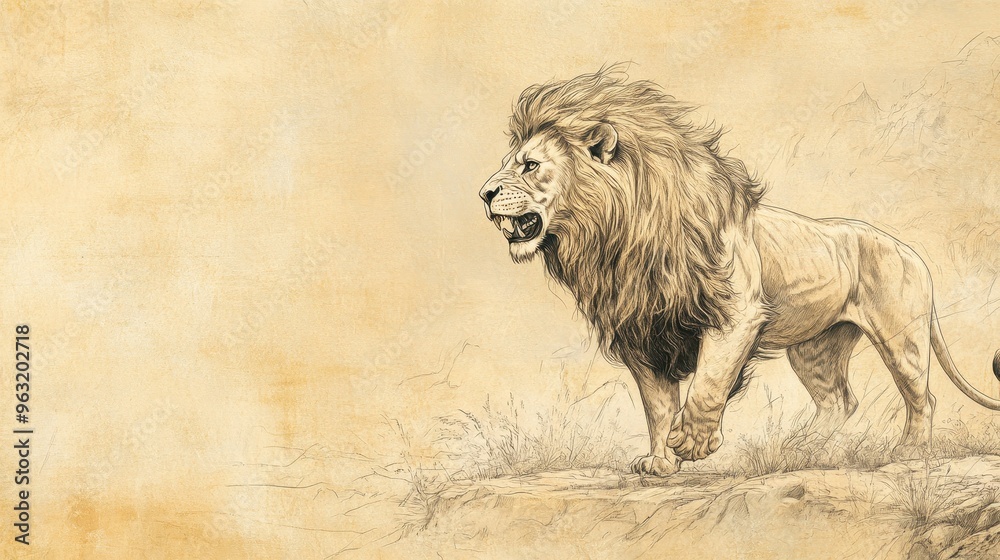 Fototapeta premium Biblical Illustration: Powerful Lion Standing Protectively Over Prey, Symbolizing the Lord’s Unyielding Defense of Jerusalem Against Its Enemies