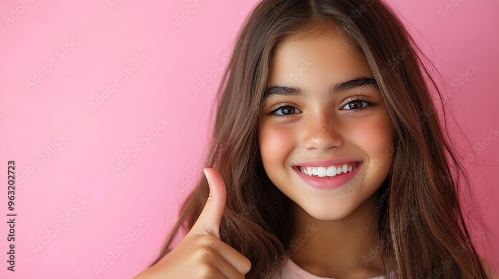 Hispanic adorable teenager girl pointing with her thumb to a pink copy space ad smiling looking happy : Generative AI Hispanic adorable teenager girl pointing with her thumb to a pink copy space ad smiling looking happy : Generative AI