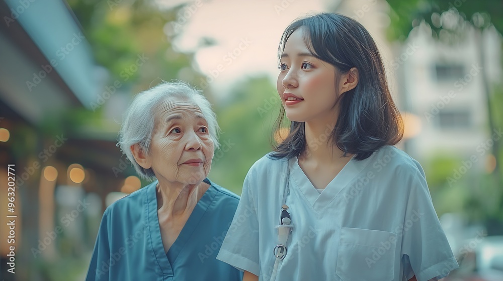 An AfiriacanAsian young caregiver supports a senior older woman walking in the nursing home caring for the elderly and doing physical therapy concepts : Generative AI