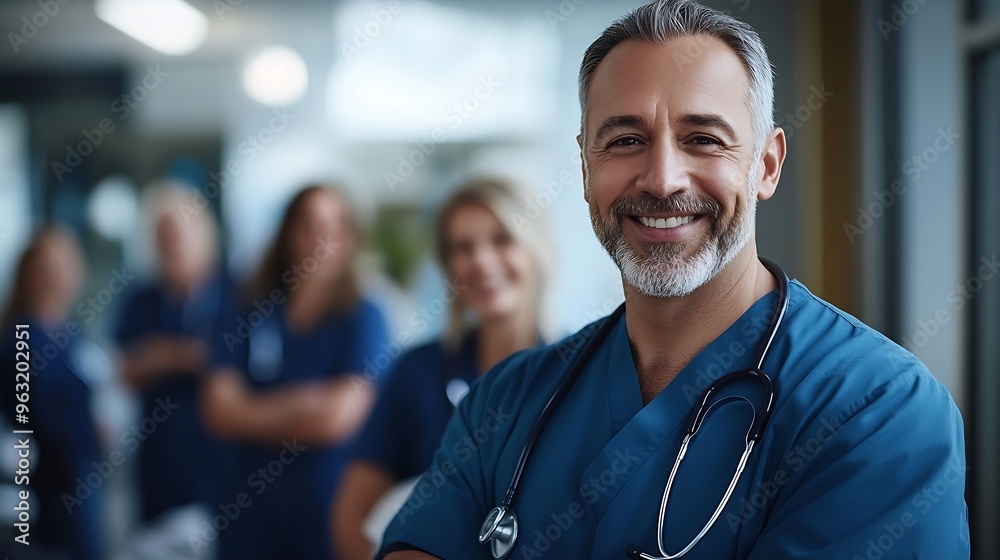 Portrait of a happy and smiling man doctor or nurse standing with group of a healthcare staff in a hospital setting Professional medical team exemplifies unity and expertise in clinic : Generative AI Portrait of a happy and smiling man doctor or nurse standing with group of a healthcare staff in a hospital setting Professional medical team exemplifies unity and expertise in clinic : Generative AI
