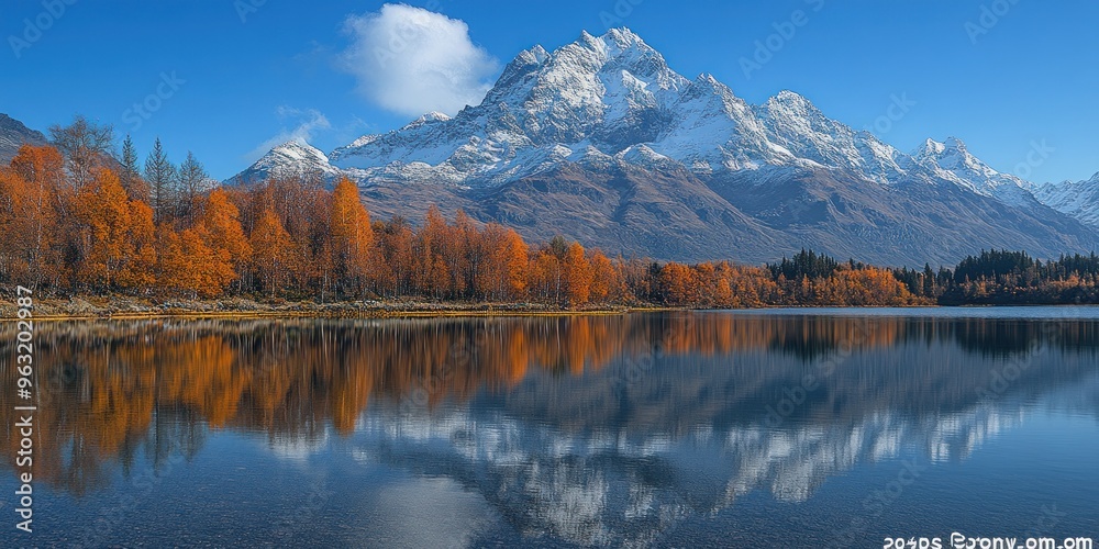 Fototapeta premium Autumnal Trees and Snow-Capped Mountains Reflected in a Still Lake