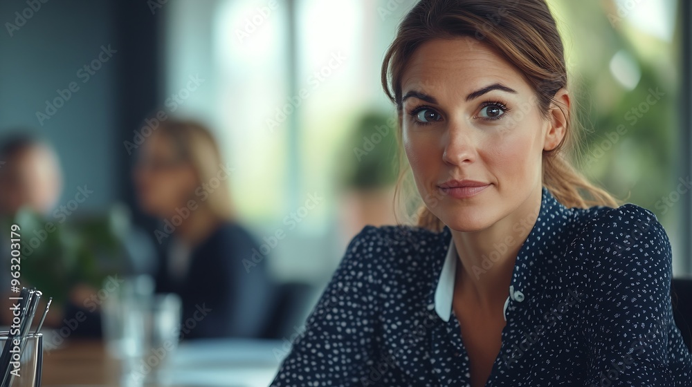 Obraz premium Business woman sitting around a table and listening to a discussion in an office Female professional having a meeting with her team : Generative AI
