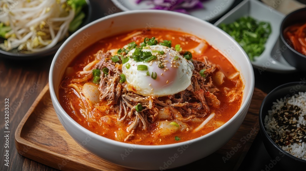 Kimchi Jjigae with Beef, Tofu, and Poached Egg in Elegant Presentation Kimchi Jjigae with Beef, Tofu, and Poached Egg in Elegant Presentation