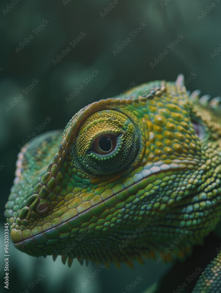 Fototapeta premium A green lizard with a yellow eye. The lizard is looking at the camera
