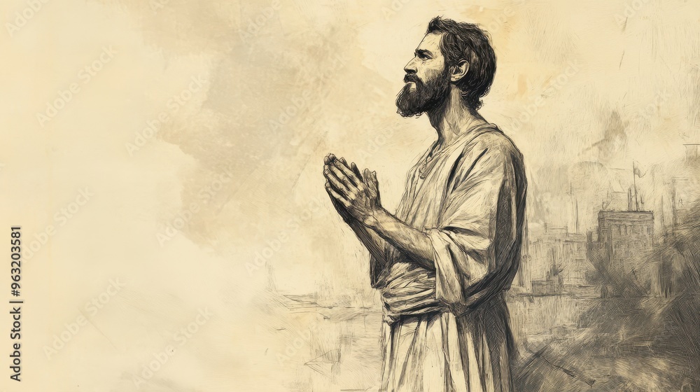 Fototapeta premium Biblical Illustration: Isaiah Standing Solemnly Overlooking Jerusalem, His Clasped Hands Reflecting Foreboding and Understanding of the Consequences of Hezekiah’s Actions