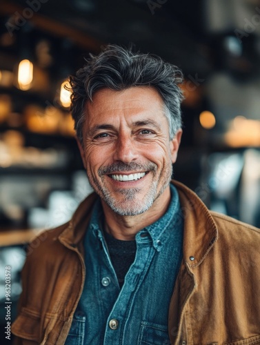 A man with a beard and gray hair is smiling and wearing a blue shirt and a brown jacket