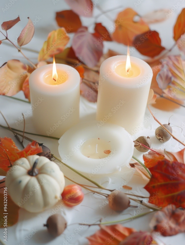 A table with two candles and a pumpkin on it. The candles are lit and surrounded by autumn leaves, creating a warm and cozy atmosphere. The pumpkin adds a touch of fall to the scene A table with two candles and a pumpkin on it. The candles are lit and surrounded by autumn leaves, creating a warm and cozy atmosphere. The pumpkin adds a touch of fall to the scene