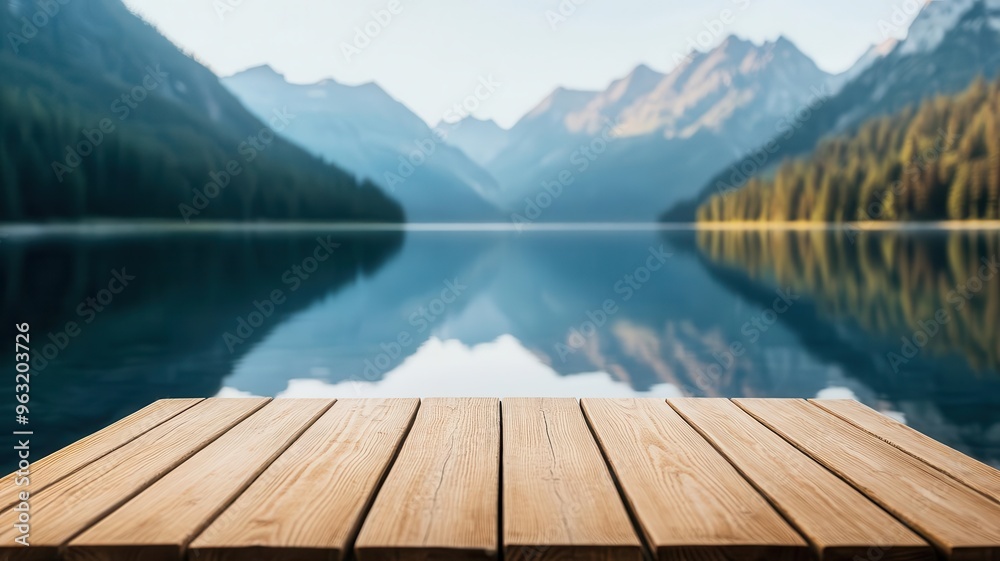 Wooden podium at the edge of a crystal-clear lake, mountain reflections, early morning, serene and still Wooden podium at the edge of a crystal-clear lake, mountain reflections, early morning, serene and still