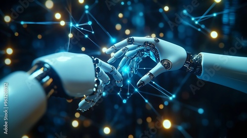 AI Machine learning Hands of robot and human touching on big data network connection background Digital Transformation Science and artificial intelligence technology innovation and fut : Generative AI photo