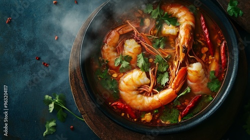 Steaming Tom Yum Goong from above, featuring plump shrimp, chili peppers, and fresh herbs in a tangy soup, with steam rising from the bowl. photo