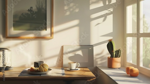A serene and minimalist kitchen nook featuring a small cactus on the windowsill with an empty wooden frame and a breakfast table set with elegant minimalist tableware