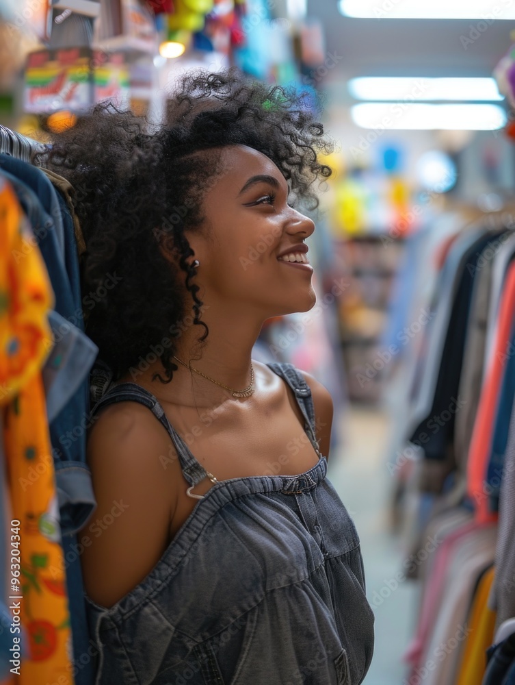 A woman is smiling while looking at clothes in a store. She is wearing a blue tank top and is standing in front of a rack of clothes A woman is smiling while looking at clothes in a store. She is wearing a blue tank top and is standing in front of a rack of clothes