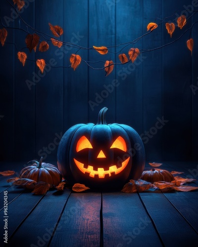 A glowing pumpkin with a smiley face surrounded by autumn leaves, set against a dark blue background, perfect for Halloween themes.