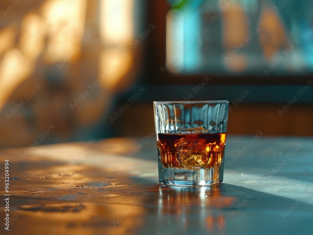 A glass of liquor is sitting on a table. The glass is half full and the liquid inside is brown. The table is made of wood and has a blue hue. The scene is set in a room with a window A glass of liquor is sitting on a table. The glass is half full and the liquid inside is brown. The table is made of wood and has a blue hue. The scene is set in a room with a window