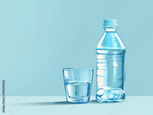 A bottle of water and a glass of water are on a table. The bottle is half full and the glass is half empty