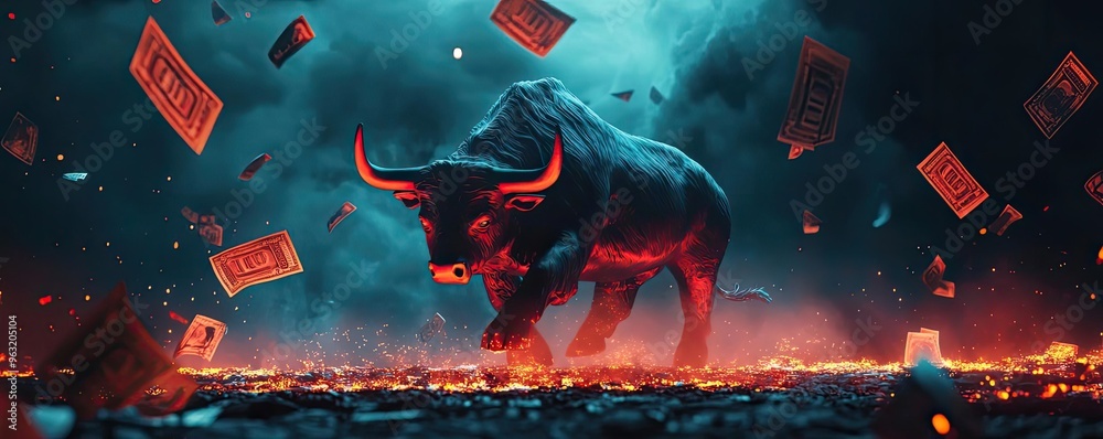 Obraz premium A powerful bull amidst chaos, symbolizing strength and determination in a dynamic financial environment.