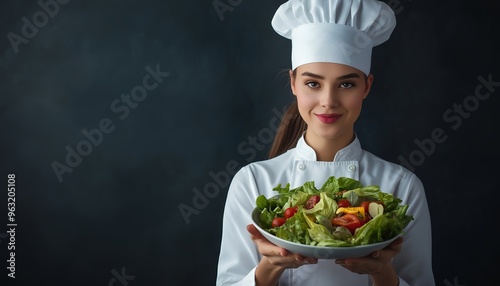 Female chef in white uniform smiling and holding a fresh salad in a white bowl against a dark background.