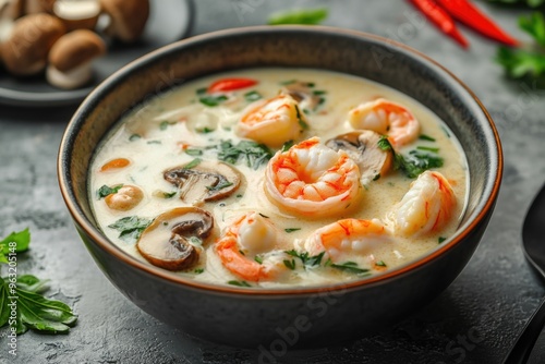 A bowl of soup with shrimp and mushrooms