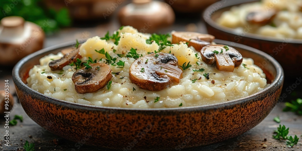 Creamy Mushroom Risotto with Fresh Parsley in a Brown Bowl
