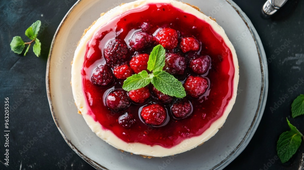 Top-down view of a rich cheesecake topped with a glossy berry compote and mint leaves, highlighting the smooth texture and vibrant toppings. Top-down view of a rich cheesecake topped with a glossy berry compote and mint leaves, highlighting the smooth texture and vibrant toppings.