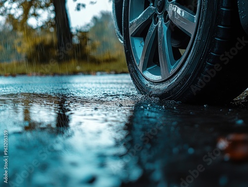 Wallpaper Mural A car tire is shown in the rain, with water covering the ground. Concept of wetness and dampness, as well as the idea of a rainy day Torontodigital.ca