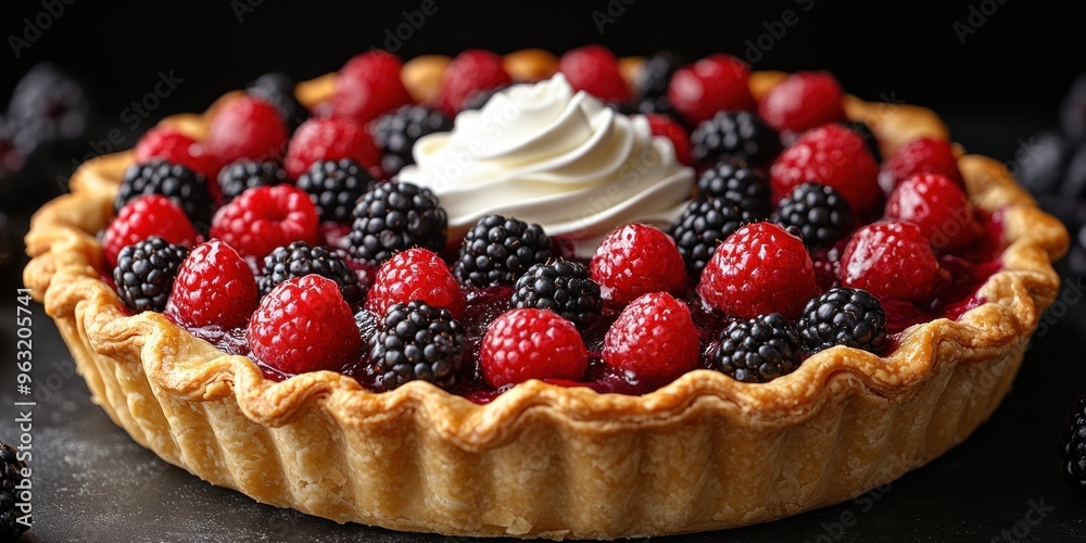 Freshly Baked Raspberry and Blackberry Tart with Whipped Cream Freshly Baked Raspberry and Blackberry Tart with Whipped Cream