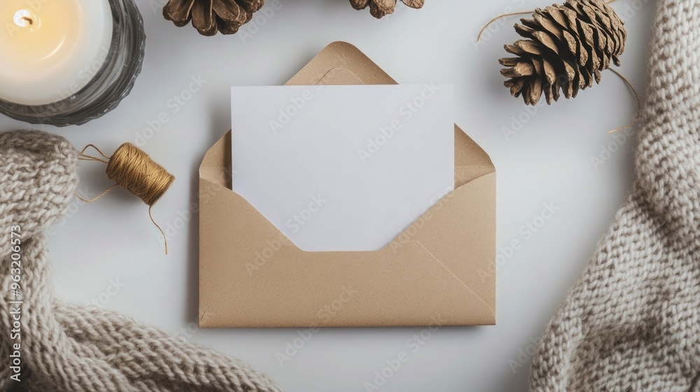 A brown envelope sits on a table with a candle and pine cones. The envelope is open and empty, and the pine cones are scattered around it. Concept of warmth and coziness, as the candle A brown envelope sits on a table with a candle and pine cones. The envelope is open and empty, and the pine cones are scattered around it. Concept of warmth and coziness, as the candle