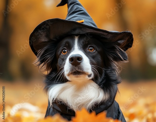 A beautiful dog wearing a witch costume to celebrate Halloween
 photo