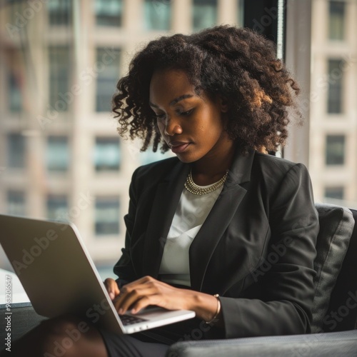 A woman in a business suit is typing on a laptop. She is wearing a necklace and has her hair in a bun. Concept of professionalism and focus as the woman works on her laptop