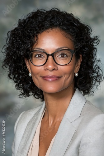 A professional portrait of a confident woman with dark curly hair, glasses, and a warm, welcoming smile.