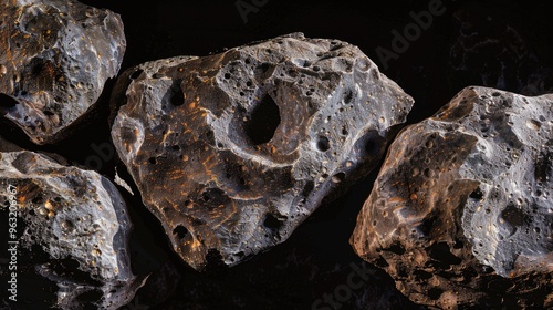 Three large rocks with holes in them. The rocks are black and grey. Scene is somber and mysterious photo