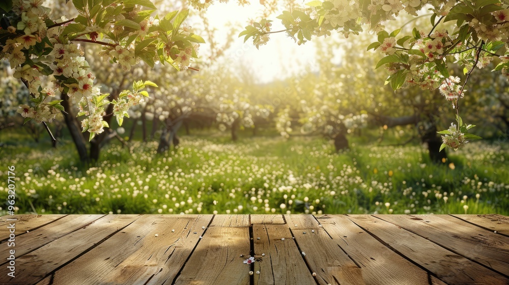 Spring apple garden with white blossoms and wooden table Spring apple garden with white blossoms and wooden table