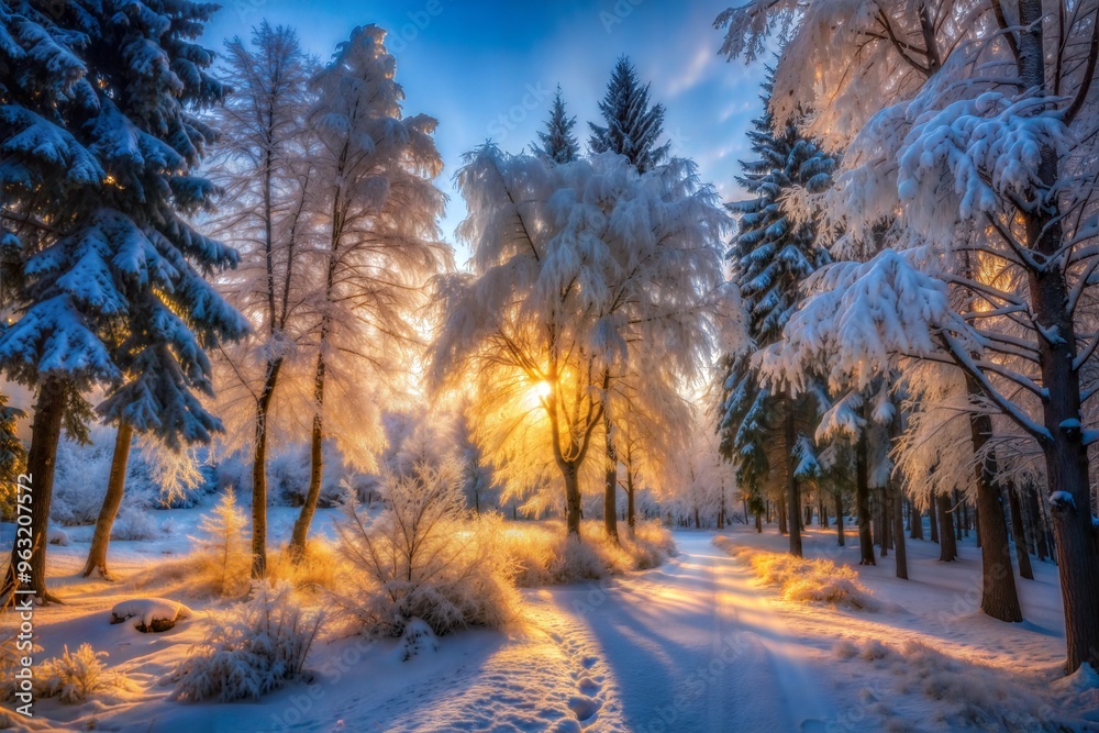 Snow-covered landscape with sunrise seen through frosty trees in winter wonderland Snow-covered landscape with sunrise seen through frosty trees in winter wonderland