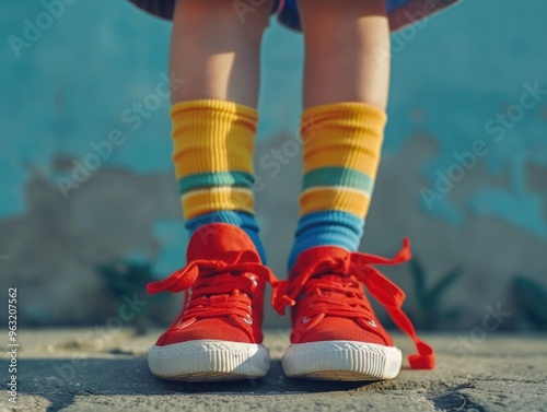A young girl wearing red sneakers and striped socks stands on a sidewalk. Concept of playfulness and youthfulness, as the girl is dressed in bright colors and he is enjoying herself
