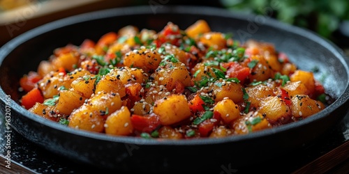 Close-up of Sweet Potato and Red Pepper Stir-fry with Sesame Seeds and Herbs in a Black Bowl photo