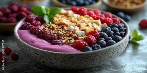 Bowl of Acai Smoothie with Raspberries, Blueberries, Granola, and Coconut