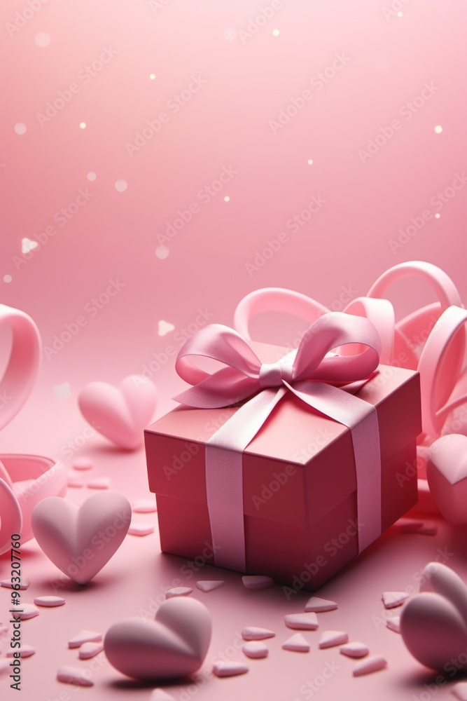 A pink box with a pink bow on top of it is surrounded by pink hearts. Concept of love and affection, as the pink box and hearts are often associated with Valentine's Day or romantic gestures A pink box with a pink bow on top of it is surrounded by pink hearts. Concept of love and affection, as the pink box and hearts are often associated with Valentine's Day or romantic gestures