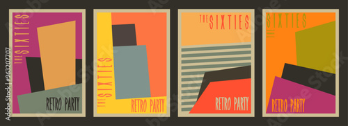 1960s Background Set, Vector Abstract Templates for Retro Party's Posters, Covers. 60s Colors and Shapes, Mid Century Modern Graphic Styles