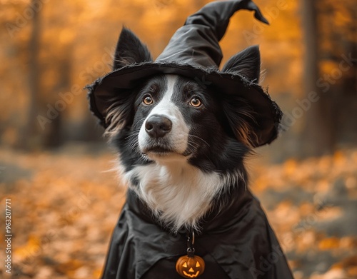 A beautiful dog wearing a witch costume to celebrate Halloween 