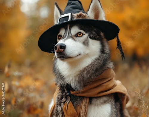 A beautiful dog wearing a witch costume to celebrate Halloween
 photo