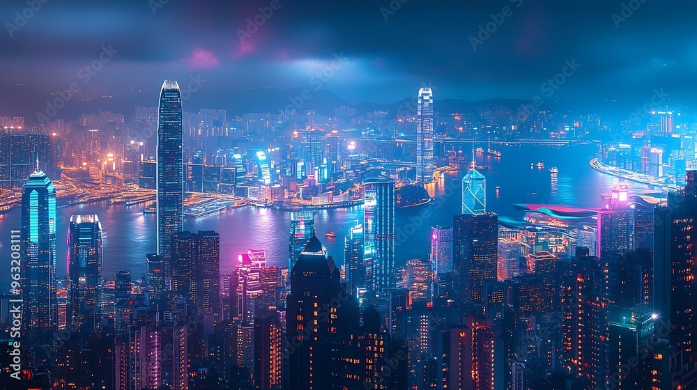 custom made wallpaper toronto digitalSmart network and Connection technology concept Hong Kong digital city background at night in victoria harbour Cyberpunk color style Panorama view : Generative AI