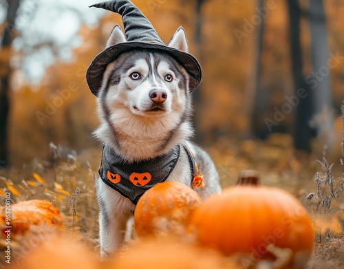 A beautiful dog wearing a witch costume to celebrate Halloween
 photo